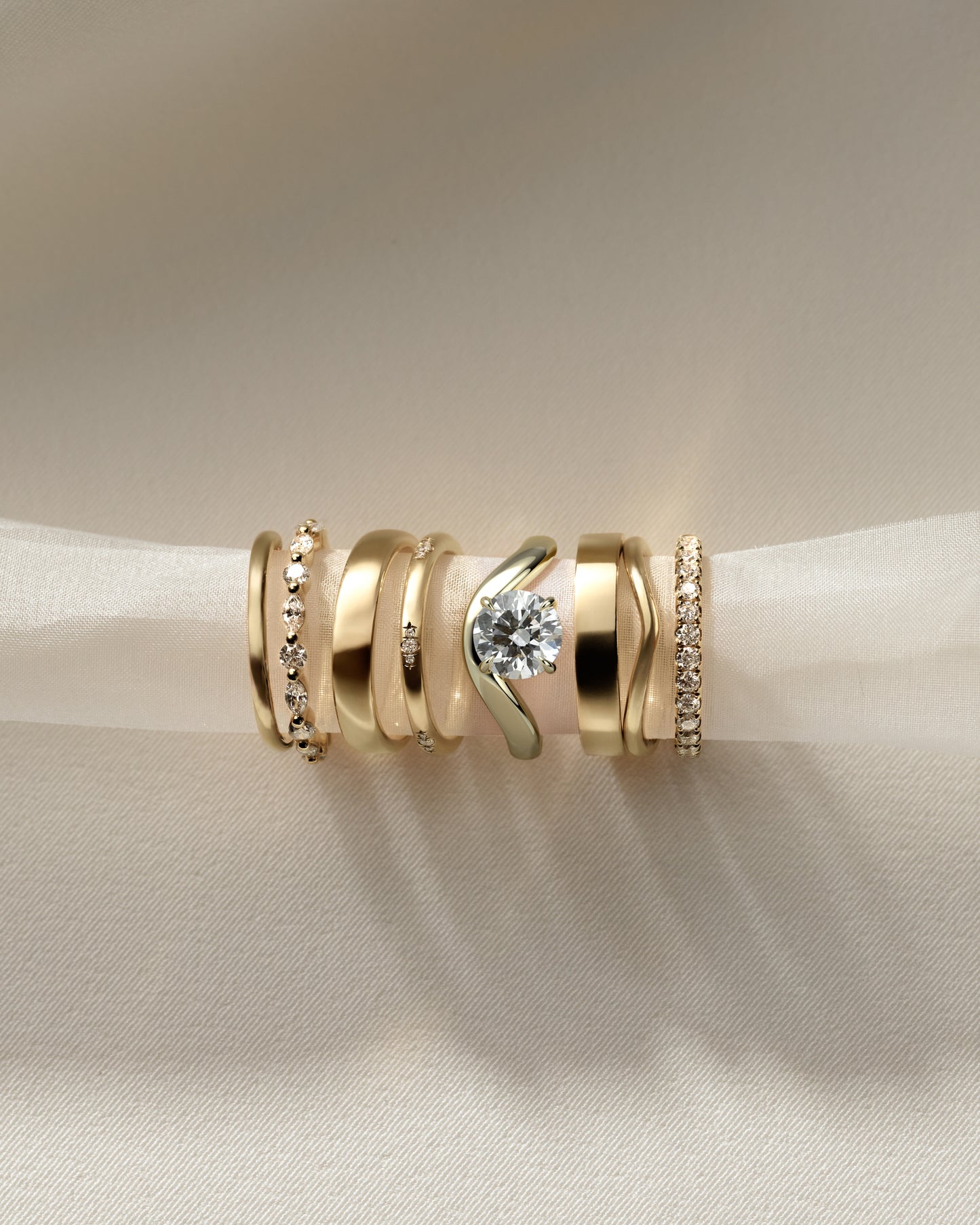 Charlotte - Round East West Claw Solitaire with Wave Band Engagement Ring - Yellow Gold - Yellow Gold 2ct