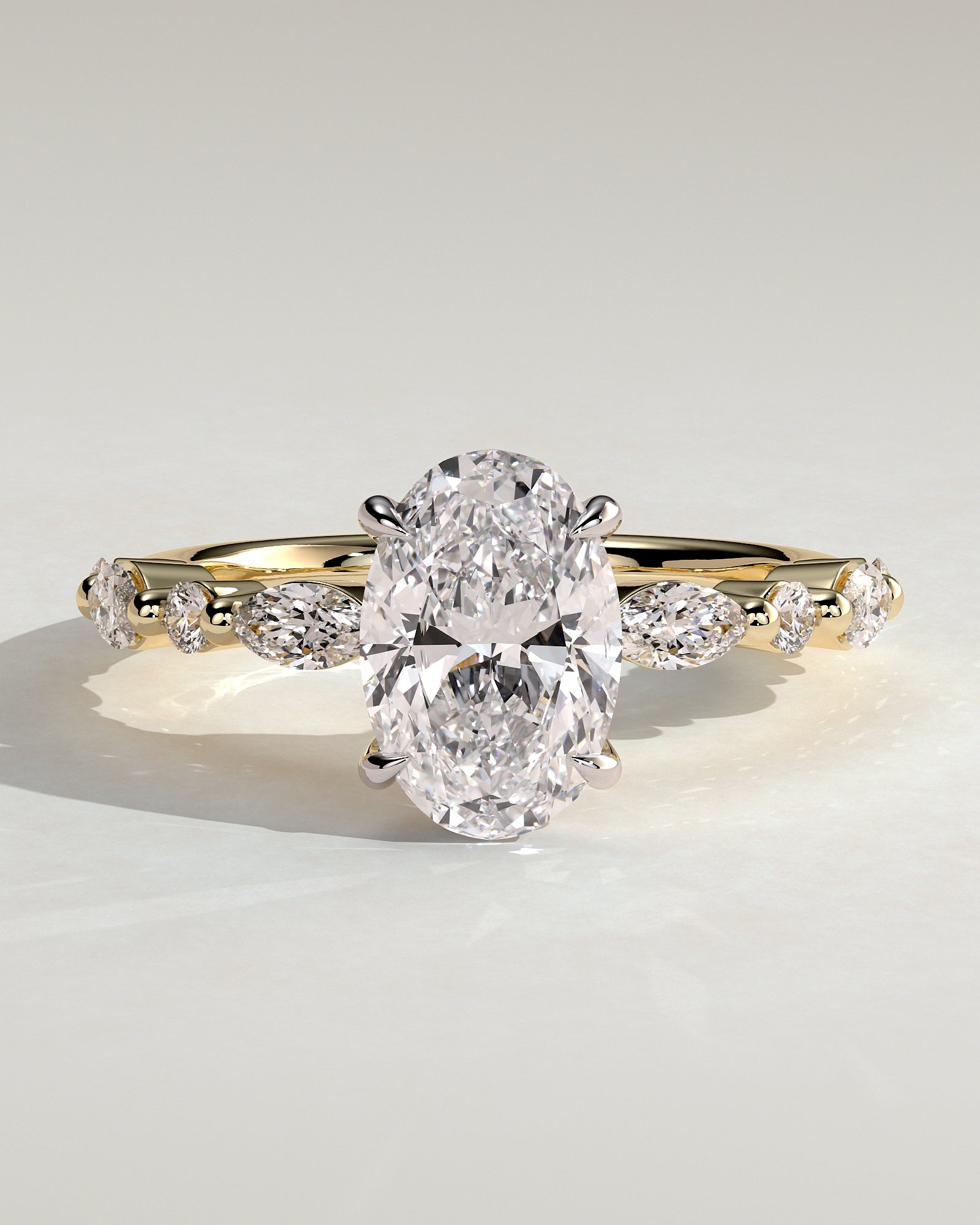 Alyssa - Oval Claw Solitaire with Marquise and Round Accent Stones Engagement Ring - Yellow Two-Tone - Yellow Two-Tone 2ct
