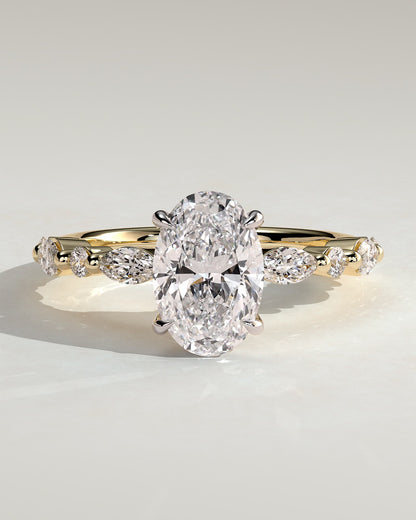 Alyssa - Oval Claw Solitaire with Marquise and Round Accent Stones Engagement Ring - Yellow Two-Tone - yellow two-tone - Lara Jewels