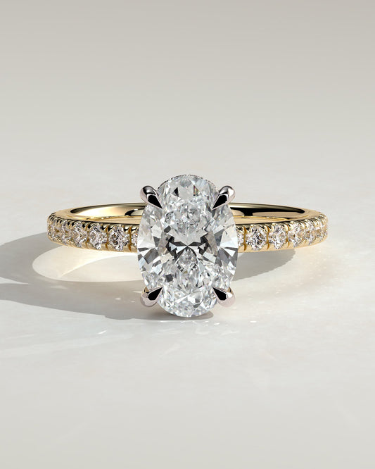 Paige - Oval Claw Solitaire with Hidden Halo and Pave Band Engagement Ring - Yellow Two-Tone