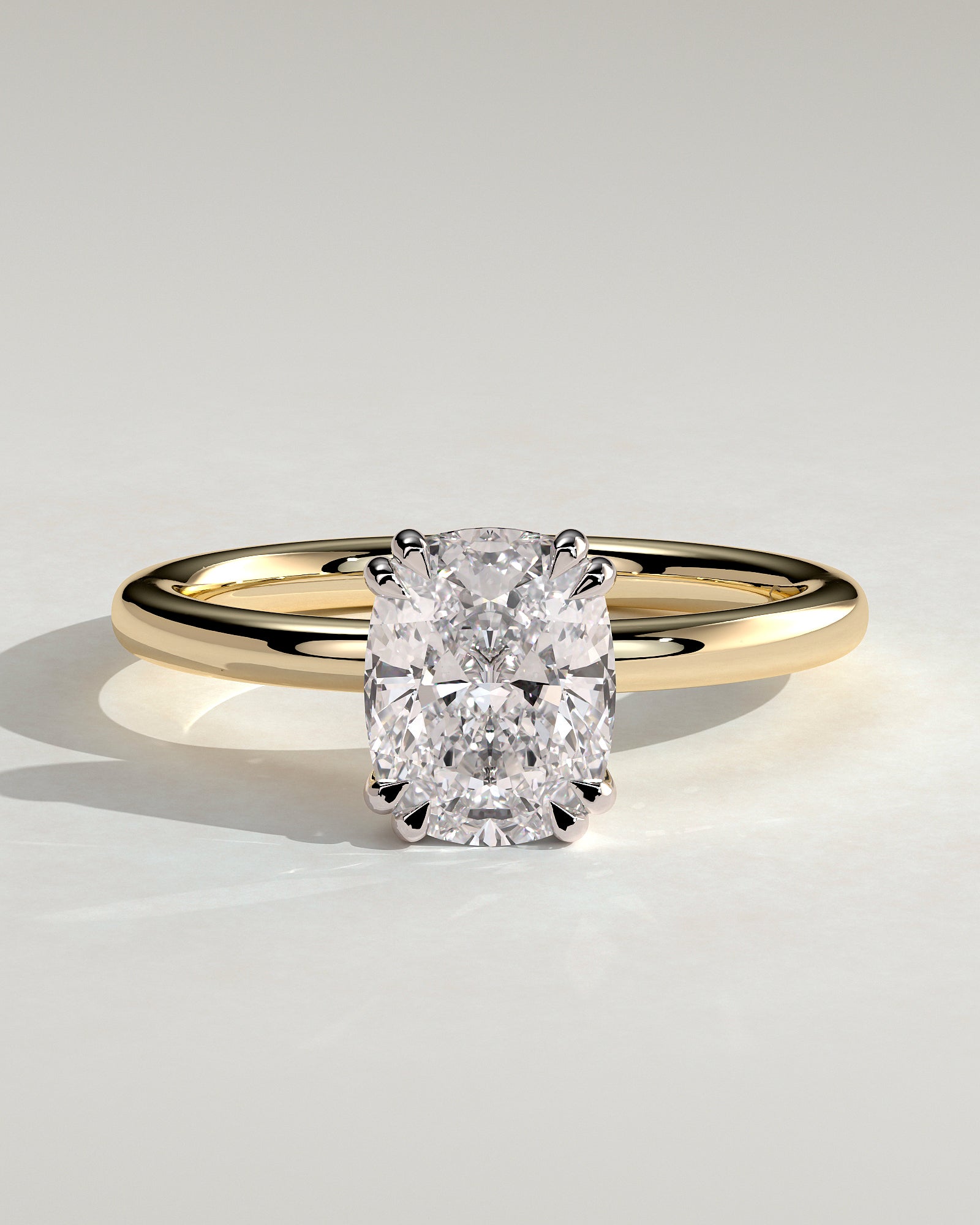 Aubrey - Elongated Cushion Double Claw Solitaire with Hidden Halo Engagement Ring - Yellow Two-Tone - Yellow Two-Tone 2ct