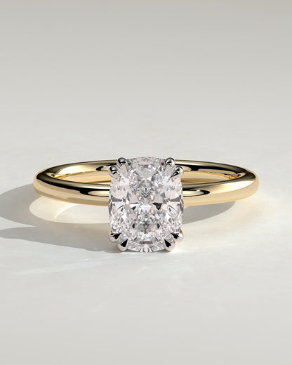 Aubrey - Elongated Cushion Double Claw Solitaire with Hidden Halo Engagement Ring - Yellow Two-Tone