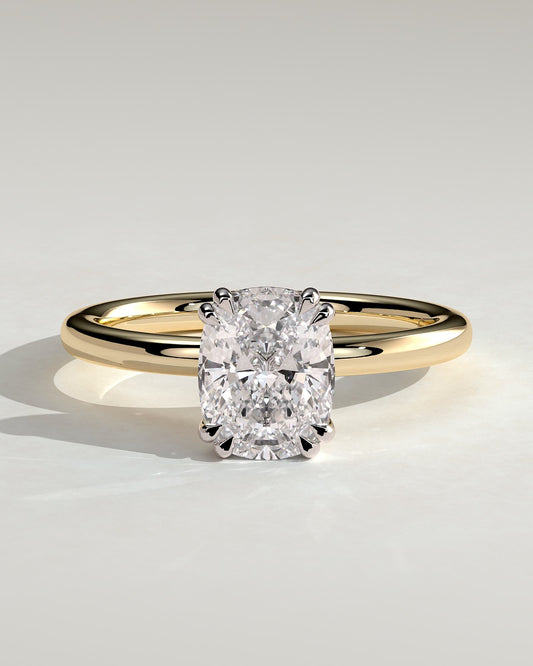 Aubrey - Elongated Cushion Double Claw Solitaire with Hidden Halo Engagement Ring - Yellow Two-Tone