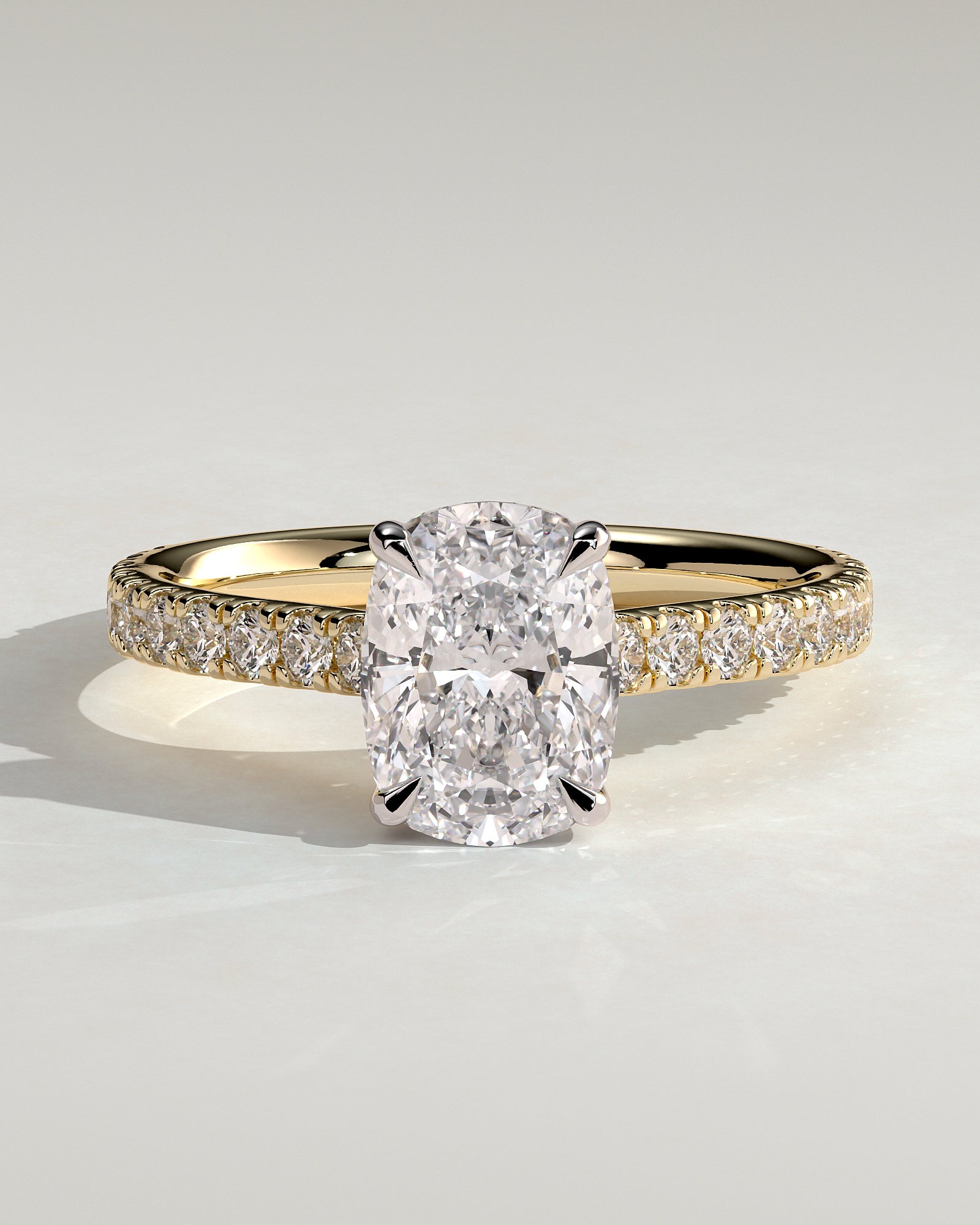 Annika - Elongated Cushion Claw Solitaire with Hidden Halo, Pave Band and Cathedral High Setting Engagement Ring - Yellow Two-Tone - Yellow Two-Tone 2ct