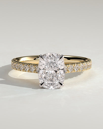 Annika - Elongated Cushion Claw Solitaire with Hidden Halo, Pave Band and Cathedral High Setting Engagement Ring - Yellow Two-Tone - yellow two-tone - Lara Jewels