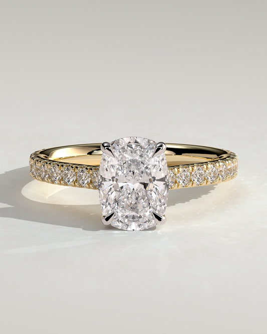 Annika - Elongated Cushion Claw Solitaire with Hidden Halo, Pave Band and Cathedral High Setting Engagement Ring - Yellow Two-Tone - yellow two-tone - Lara Jewels
