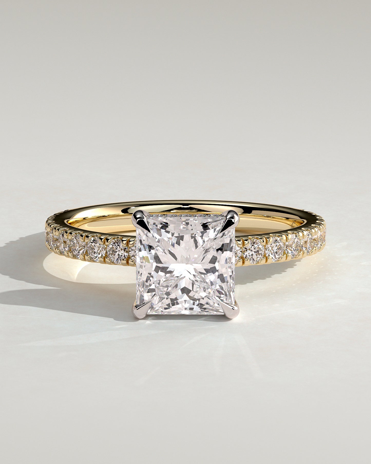 Annie - Princess Claw Solitaire with Hidden Halo and Pave Band Engagement Ring - Yellow Two-Tone - Yellow Two-Tone 2ct