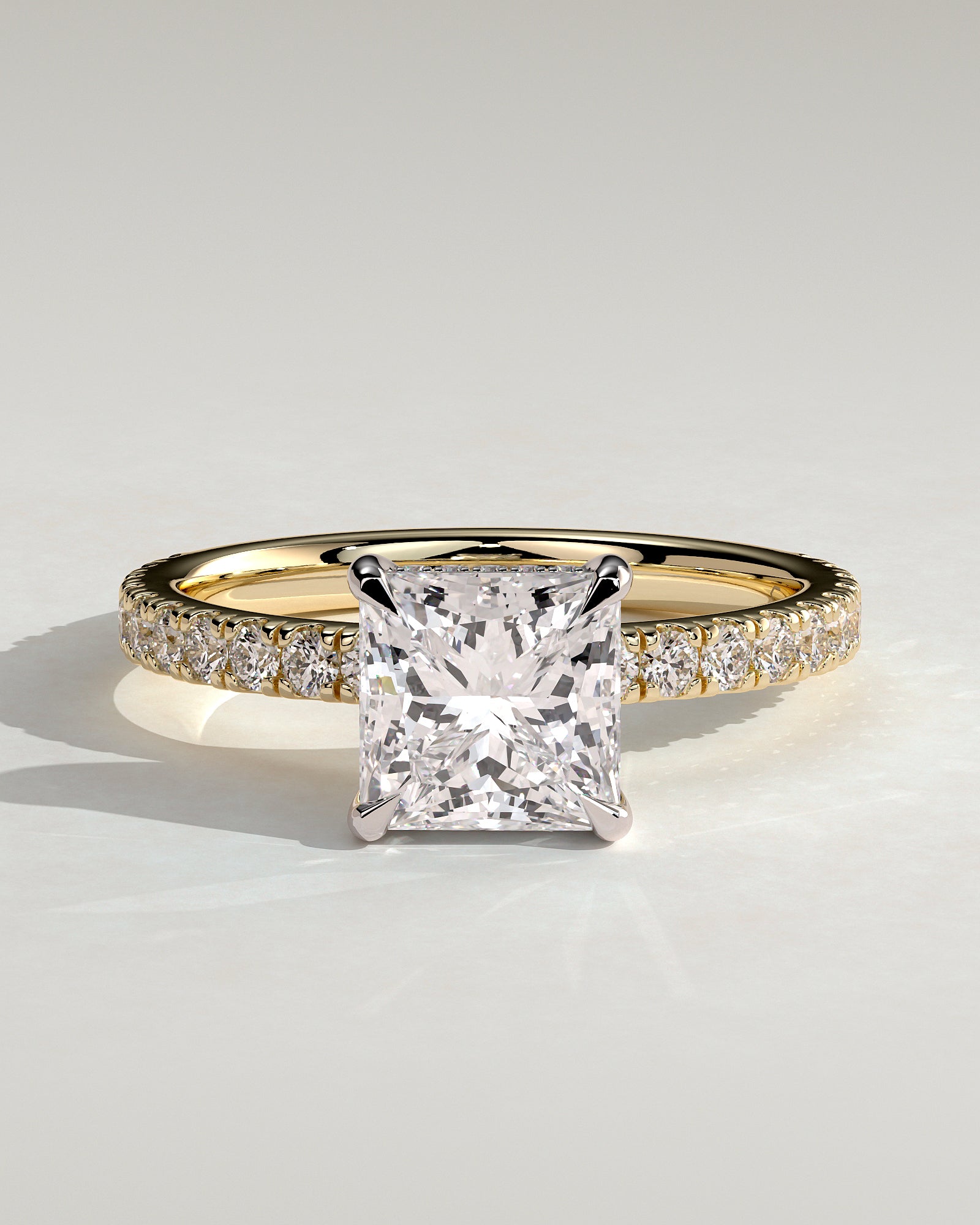 Annie - Princess Claw Solitaire with Hidden Halo and Pave Band Engagement Ring - Yellow Two-Tone - Yellow Two-Tone 2ct