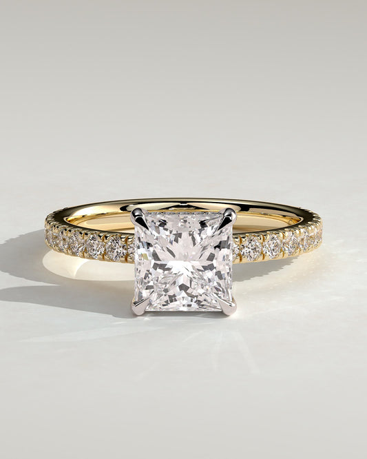 Annie - Princess Claw Solitaire with Hidden Halo and Pave Band Engagement Ring - Yellow Two-Tone - yellow two-tone - Lara Jewels