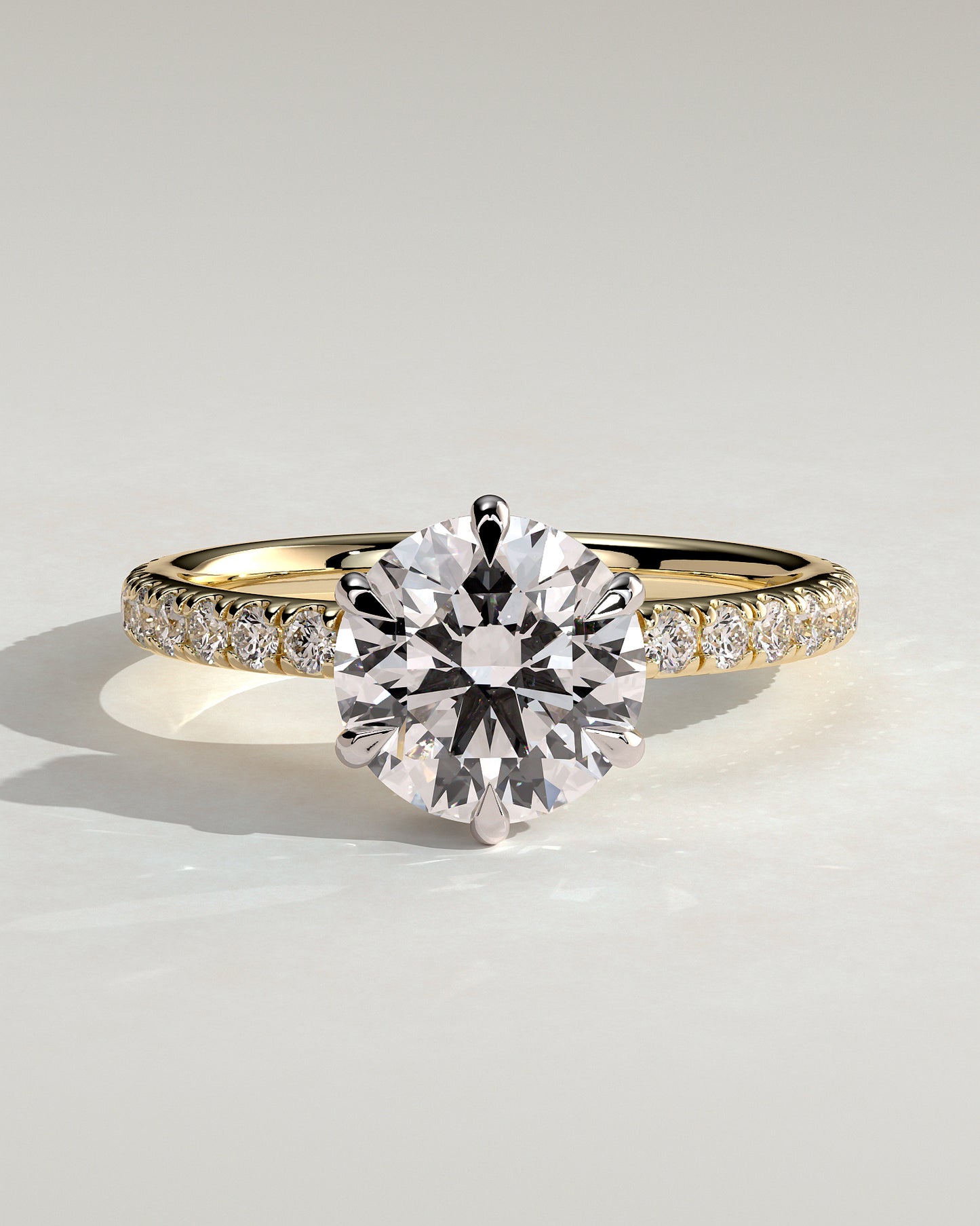 Amanda - Round Claw Solitaire with Wrap Around Hidden Halo and Pave Band Engagement Ring - Yellow Two-Tone - Yellow Two-Tone 2ct