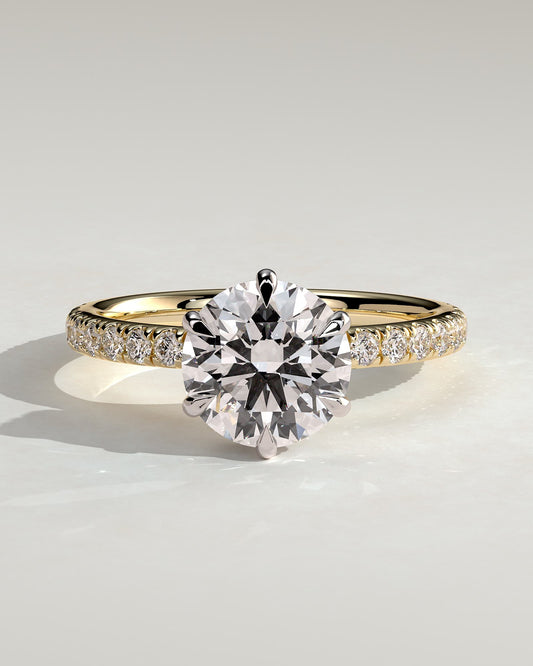 Amanda - Round Claw Solitaire with Wrap Around Hidden Halo and Pave Band Engagement Ring - Yellow Two-Tone - yellow two-tone - Lara Jewels