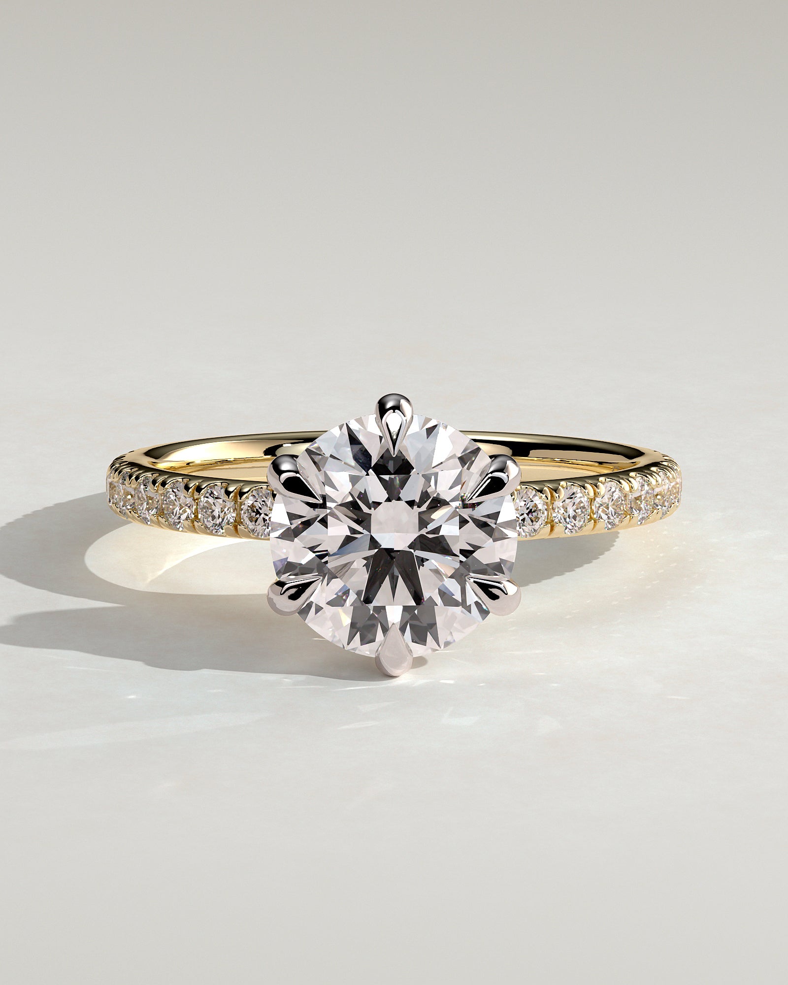 Alexandria - Round Claw Solitaire with Pave Band Engagement Ring - Yellow Two-Tone - Yellow Two-Tone 2ct