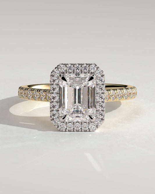 Vanessa - Emerald Claw Solitaire with Halo and Pave Band and Cathedral High Setting Engagement Ring - Yellow Two-Tone