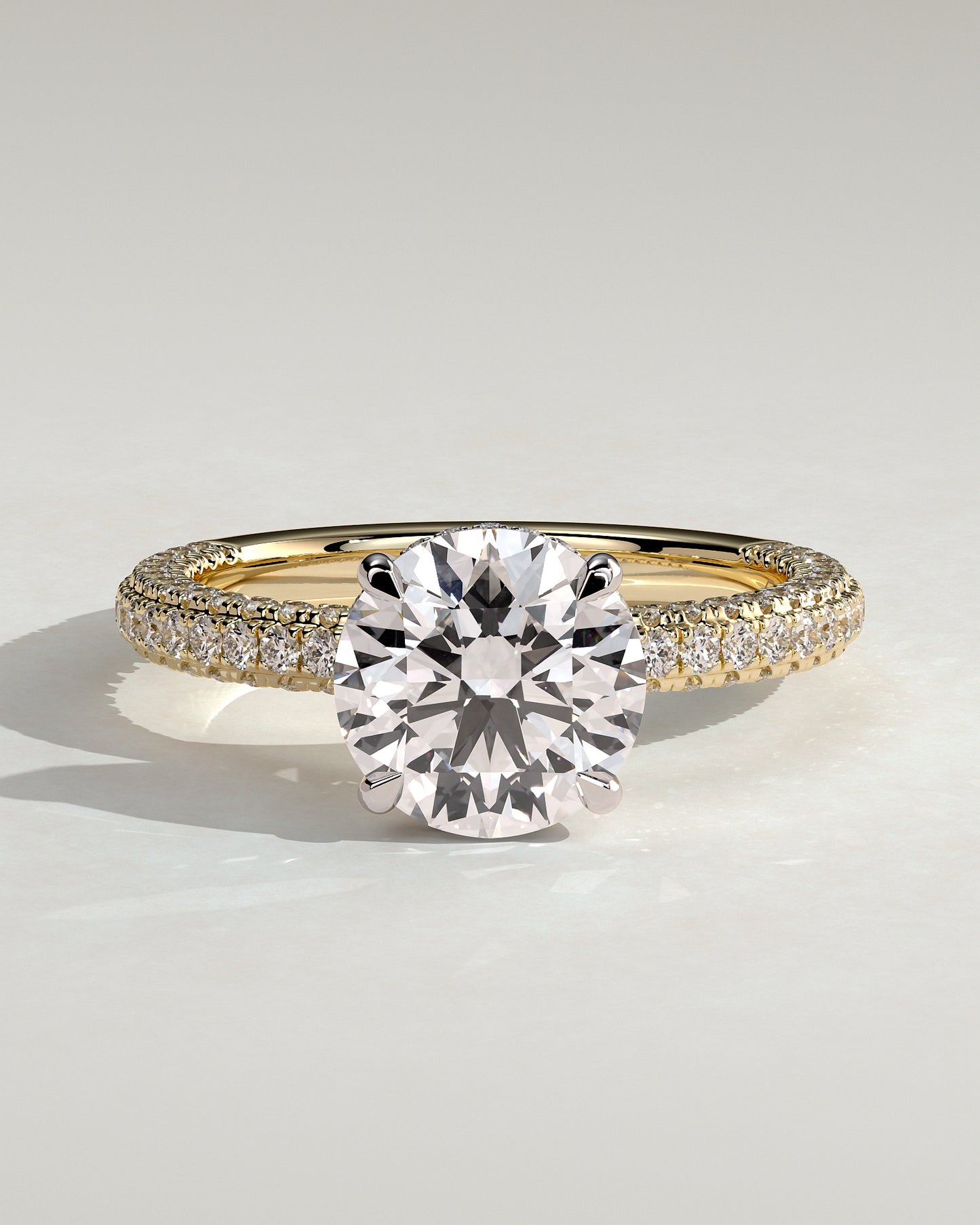 Alex - Round Claw Solitaire with Hidden Halo and Triple Pave Band Engagement Ring - Yellow Two-Tone - Yellow Two-Tone 2ct