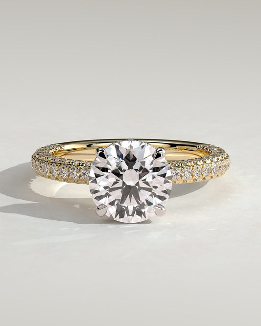 Alex - Round Claw Solitaire with Hidden Halo and Triple Pave Band Engagement Ring - Yellow Two-Tone - yellow two-tone - Lara Jewels