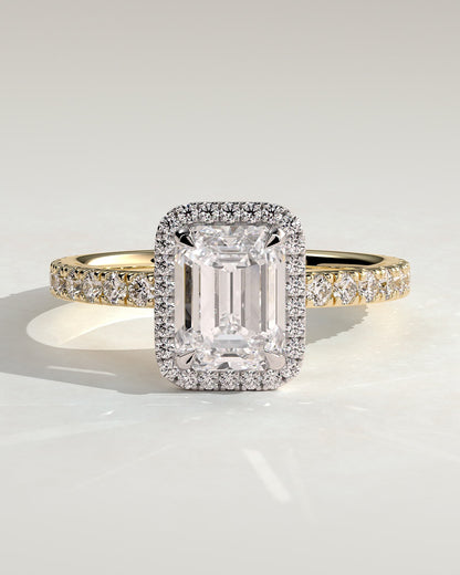 Analyce - Emerald Claw Solitaire with Halo and Pave Band Engagement Ring - Yellow Two-Tone