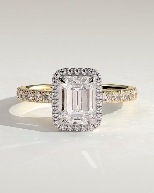 Analyce - Emerald Claw Solitaire with Halo and Pave Band Engagement Ring - Yellow Two-Tone