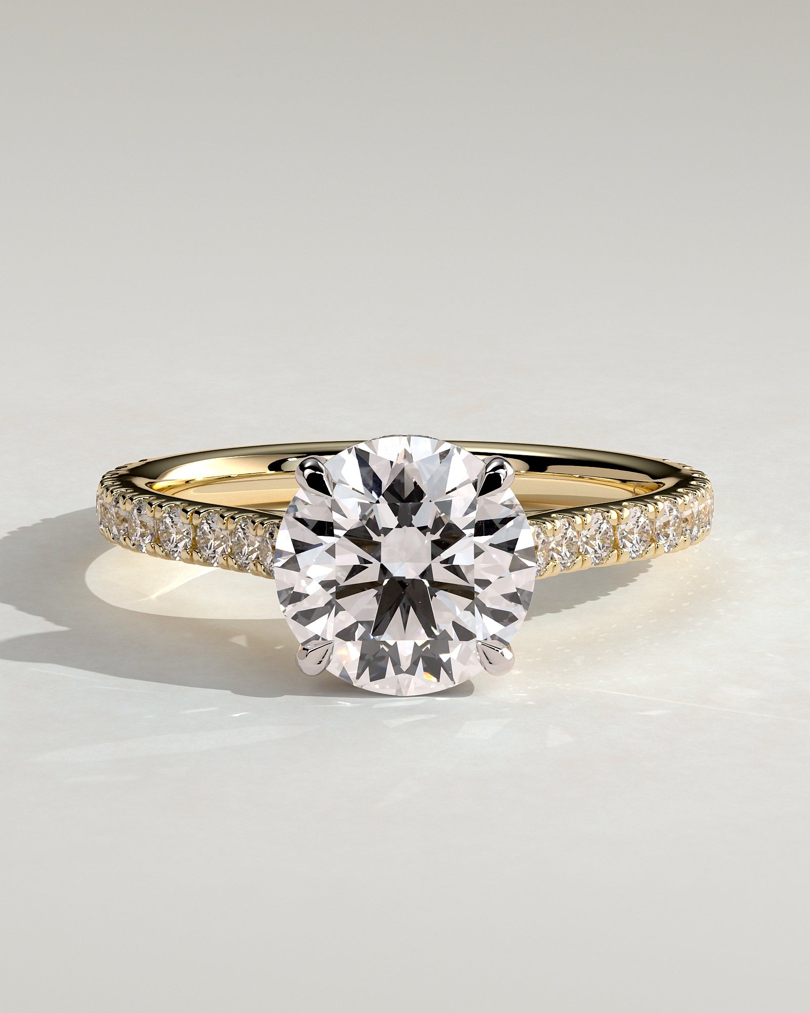 Ashlea - Round Claw Solitaire with Hidden Halo, Pave Band and Cathedral High Setting Engagement Ring - Yellow Two-Tone - Yellow Two-Tone 2ct