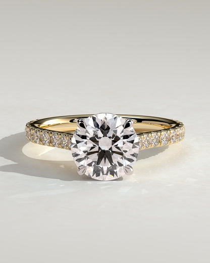 Ashlea - Round Claw Solitaire with Hidden Halo, Pave Band and Cathedral High Setting Engagement Ring - Yellow Two-Tone