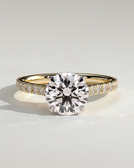 Ashlea - Round Claw Solitaire with Hidden Halo, Pave Band and Cathedral High Setting Engagement Ring - Yellow Two-Tone