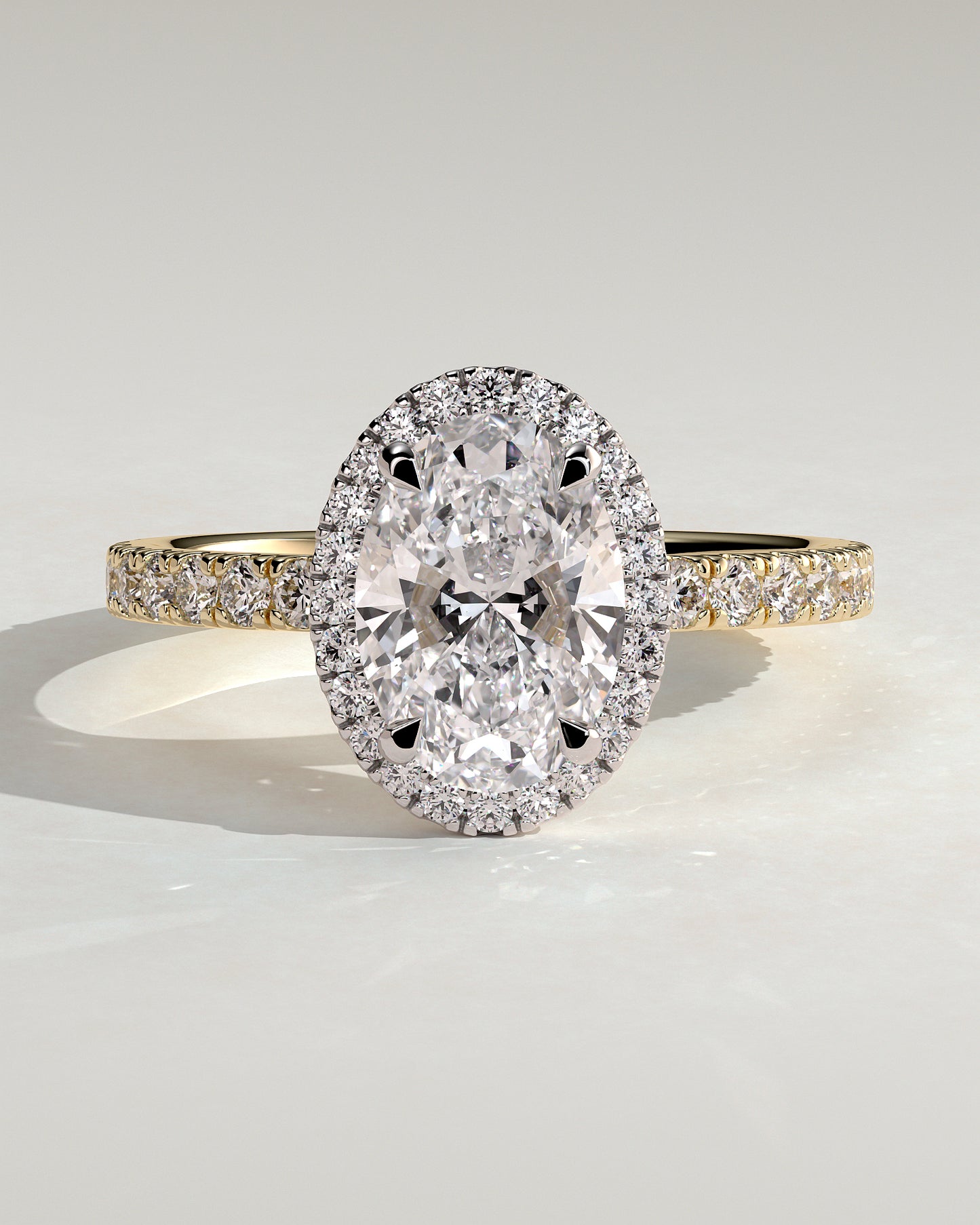 Aurora - Oval Claw Solitaire with Halo and Pave Band Engagement Ring - Yellow Two-Tone - Yellow Two-Tone 2ct