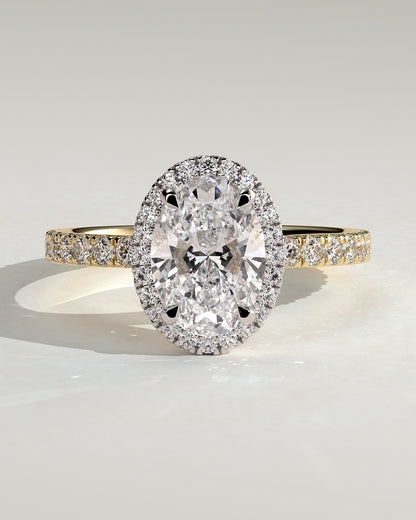 Aurora - Oval Claw Solitaire with Halo and Pave Band Engagement Ring - Yellow Two-Tone