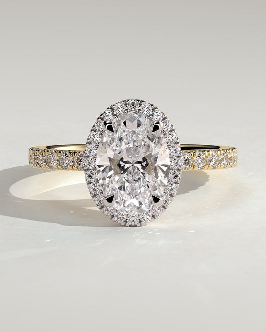 Aurora - Oval Claw Solitaire with Halo and Pave Band Engagement Ring - Yellow Two-Tone