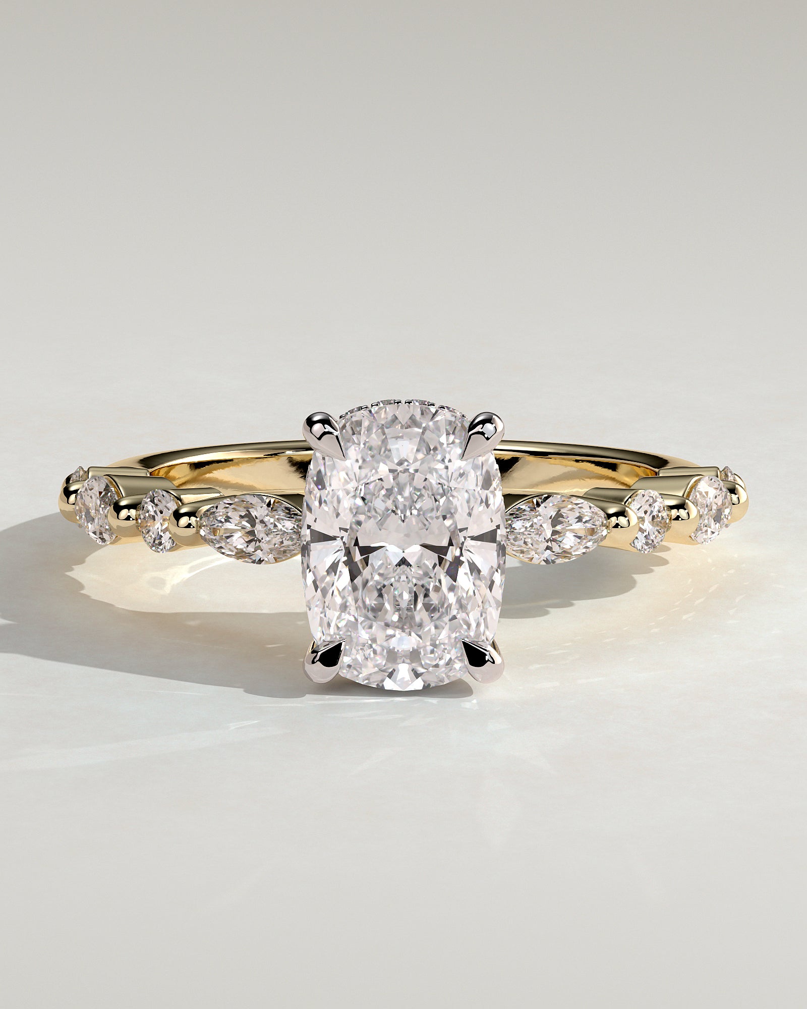 Cali - Elongated Cushion Claw Solitaire with Marquise-Round Accent Stones and Hidden Halo Engagement Ring - Yellow Two-Tone - Yellow Two-Tone 2ct