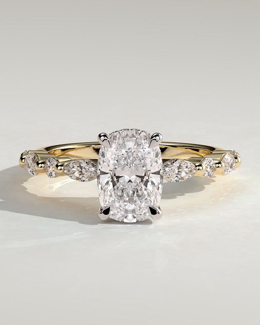 Cali - Elongated Cushion Claw Solitaire with Marquise-Round Accent Stones and Hidden Halo Engagement Ring - Yellow Two-Tone