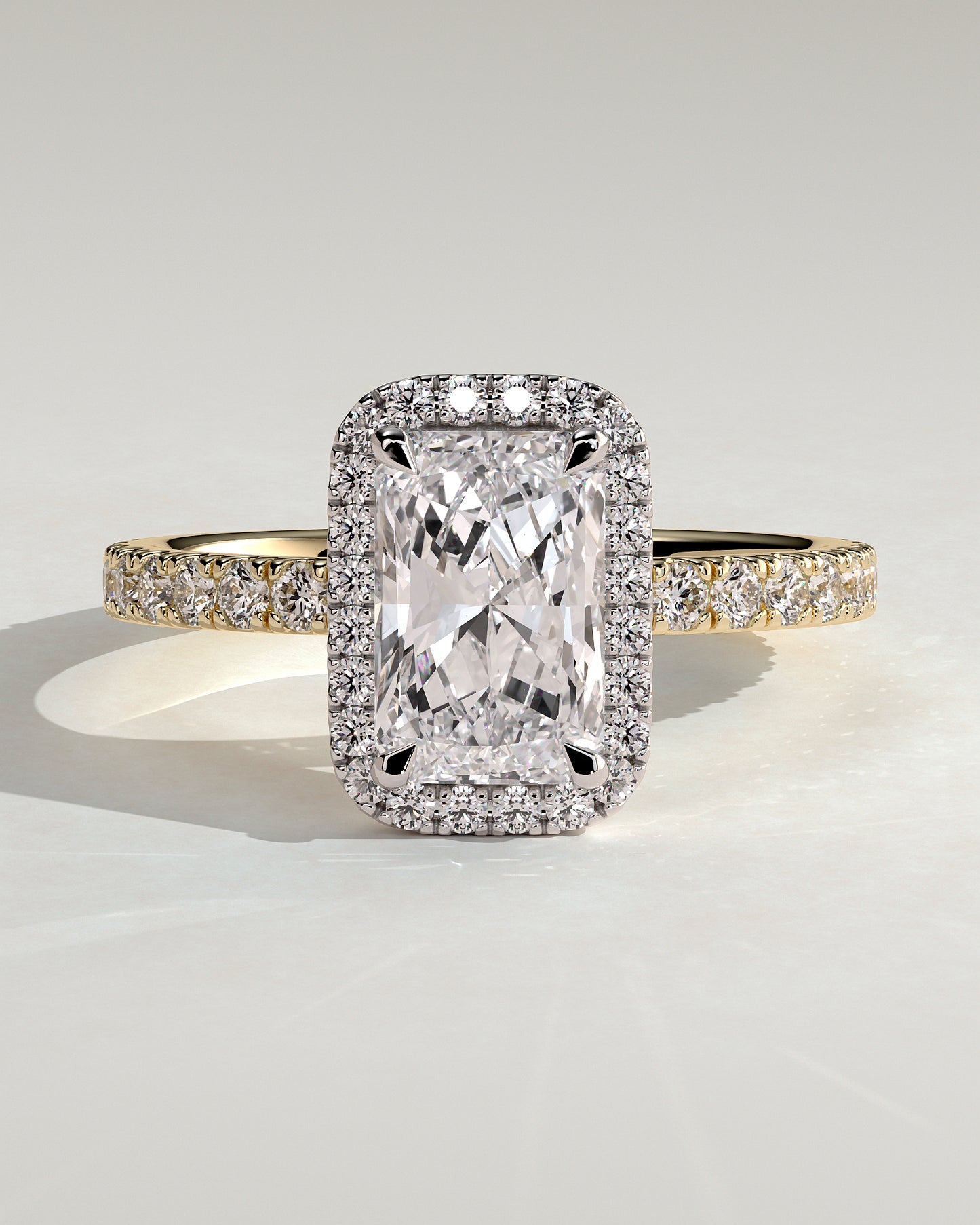 Catherine - Radiant Claw Solitaire with Halo and Pave Band Engagement Ring - Yellow Two-Tone - Yellow Two-Tone 2ct