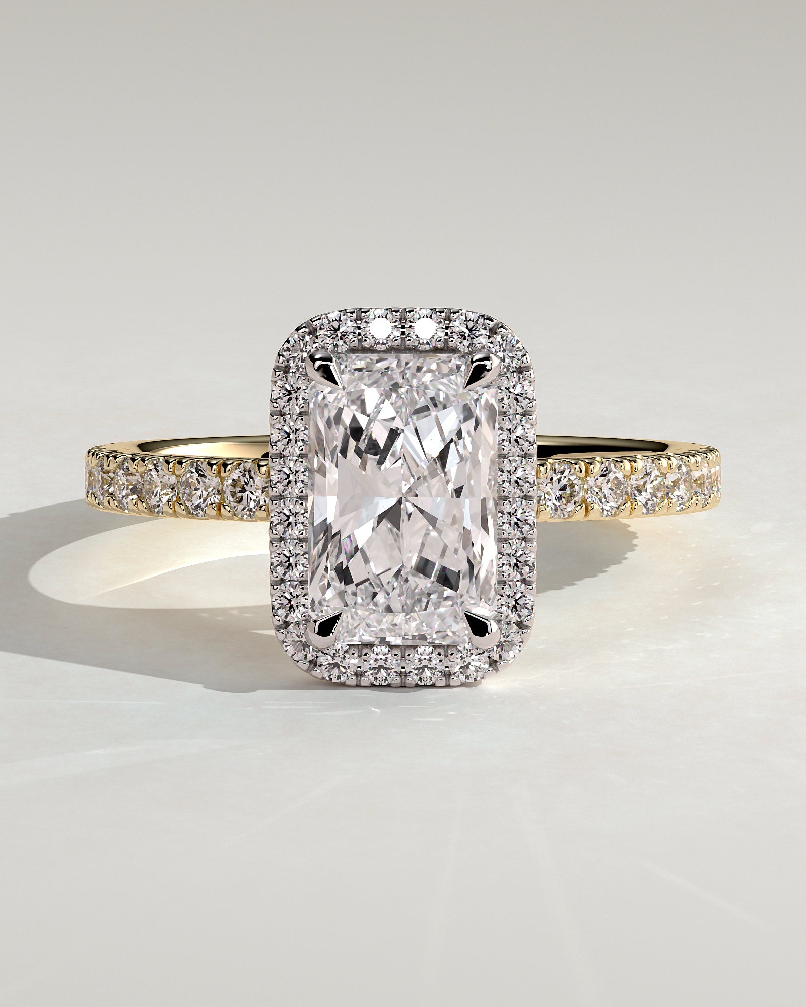 Catherine - Radiant Claw Solitaire with Halo and Pave Band Engagement Ring - Yellow Two-Tone - Yellow Two-Tone 2ct