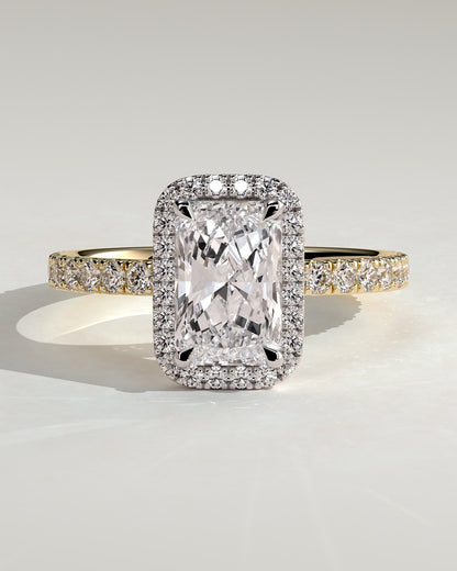 Catherine - Radiant Claw Solitaire with Halo and Pave Band Engagement Ring - Yellow Two-Tone