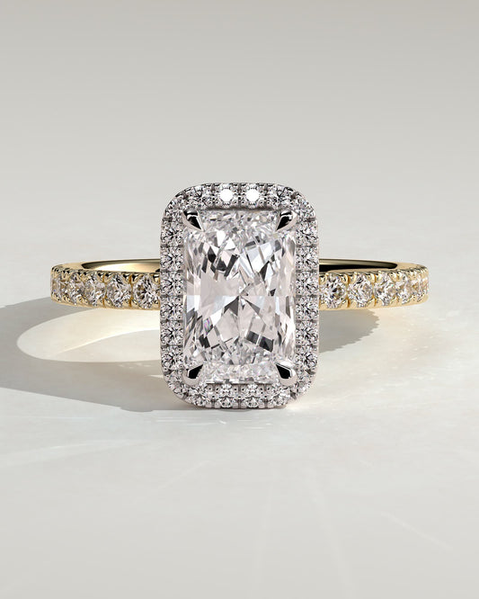 Catherine - Radiant Claw Solitaire with Halo and Pave Band Engagement Ring - Yellow Two-Tone