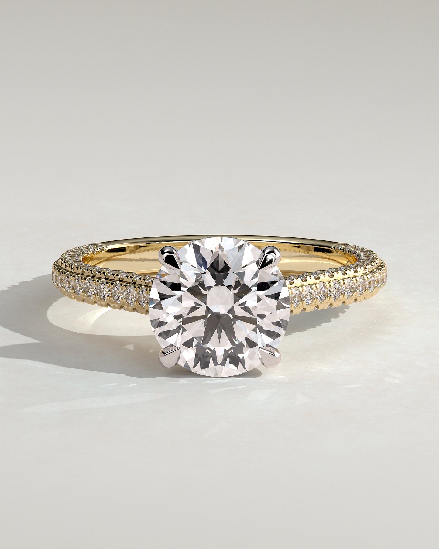 Chelsea - Round Claw Solitaire with Hidden Halo, Triple Pave Band and Cathedral High Setting Engagement Ring - Yellow Two-Tone - Yellow Two-Tone 2ct