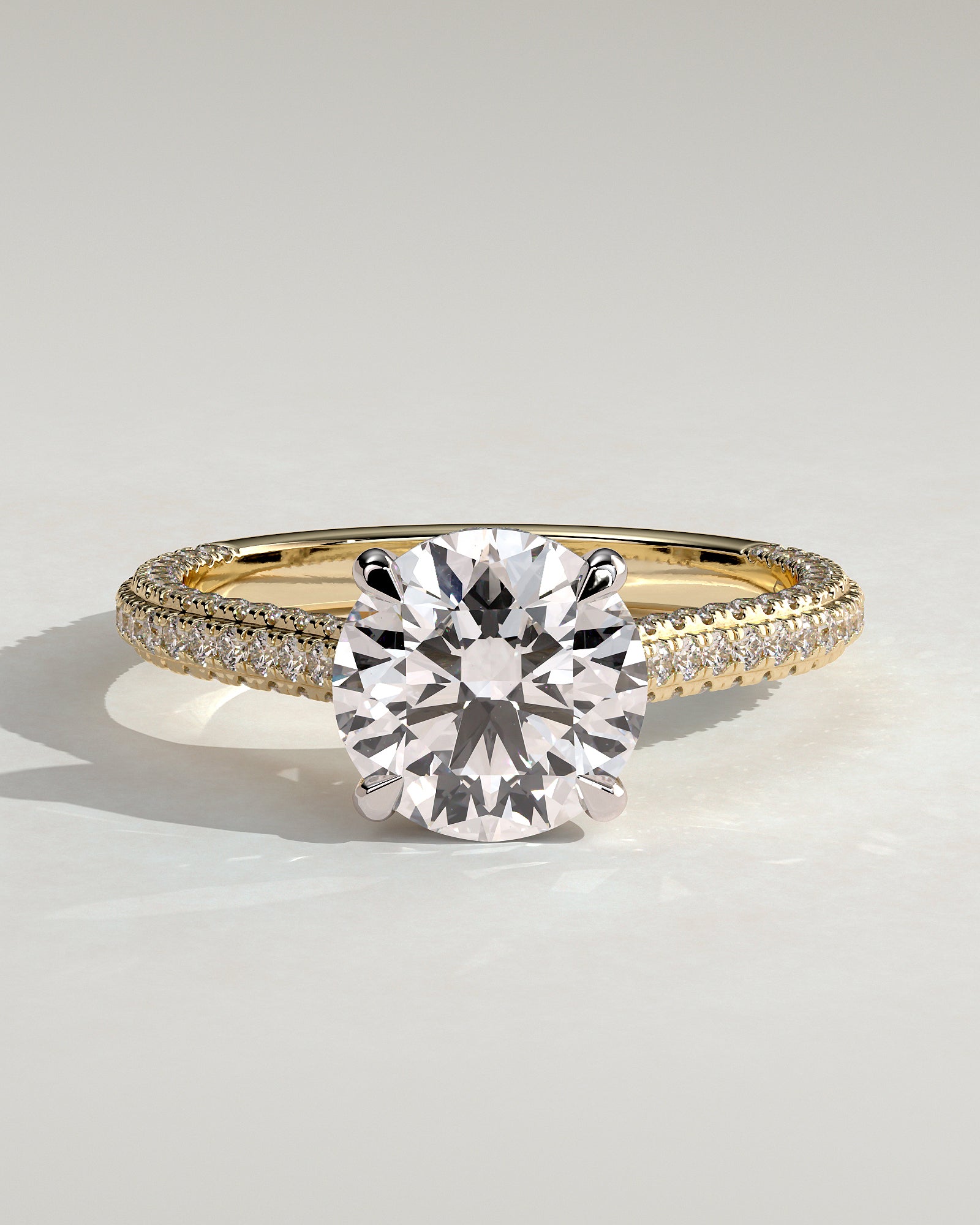Chelsea - Round Claw Solitaire with Hidden Halo, Triple Pave Band and Cathedral High Setting Engagement Ring - Yellow Two-Tone - Yellow Two-Tone 2ct