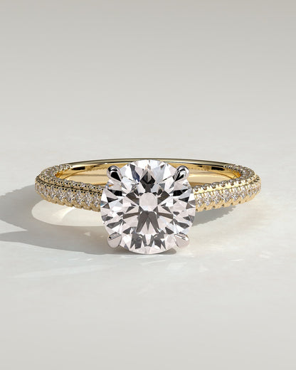 Chelsea - Round Claw Solitaire with Hidden Halo, Triple Pave Band and Cathedral High Setting Engagement Ring - Yellow Two-Tone