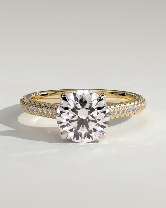 Chelsea - Round Claw Solitaire with Hidden Halo, Triple Pave Band and Cathedral High Setting Engagement Ring - Yellow Two-Tone