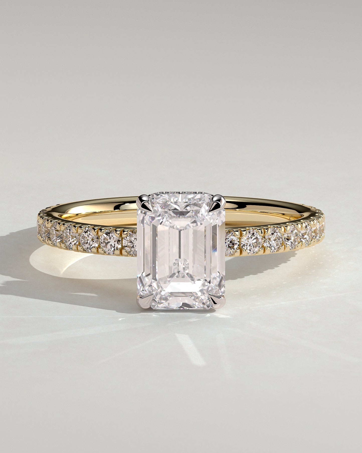Eliana - Emerald Claw Solitaire with Wrap Around Hidden Halo and Pave Band Engagement Ring - Yellow Two-Tone - Yellow Two-Tone 2ct
