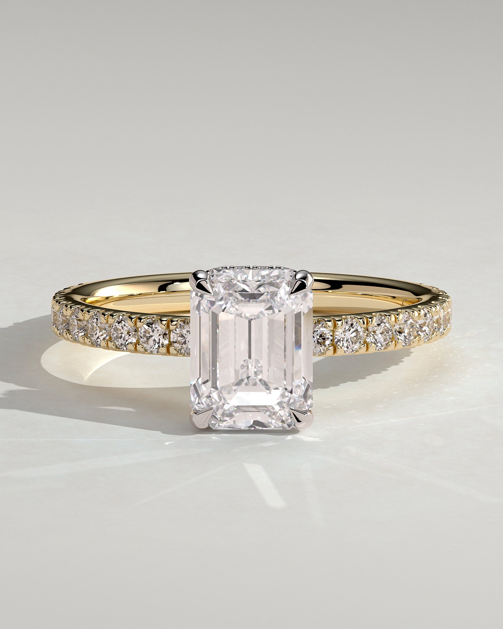 Eliana - Emerald Claw Solitaire with Wrap Around Hidden Halo and Pave Band Engagement Ring - Yellow Two-Tone - Yellow Two-Tone 2ct
