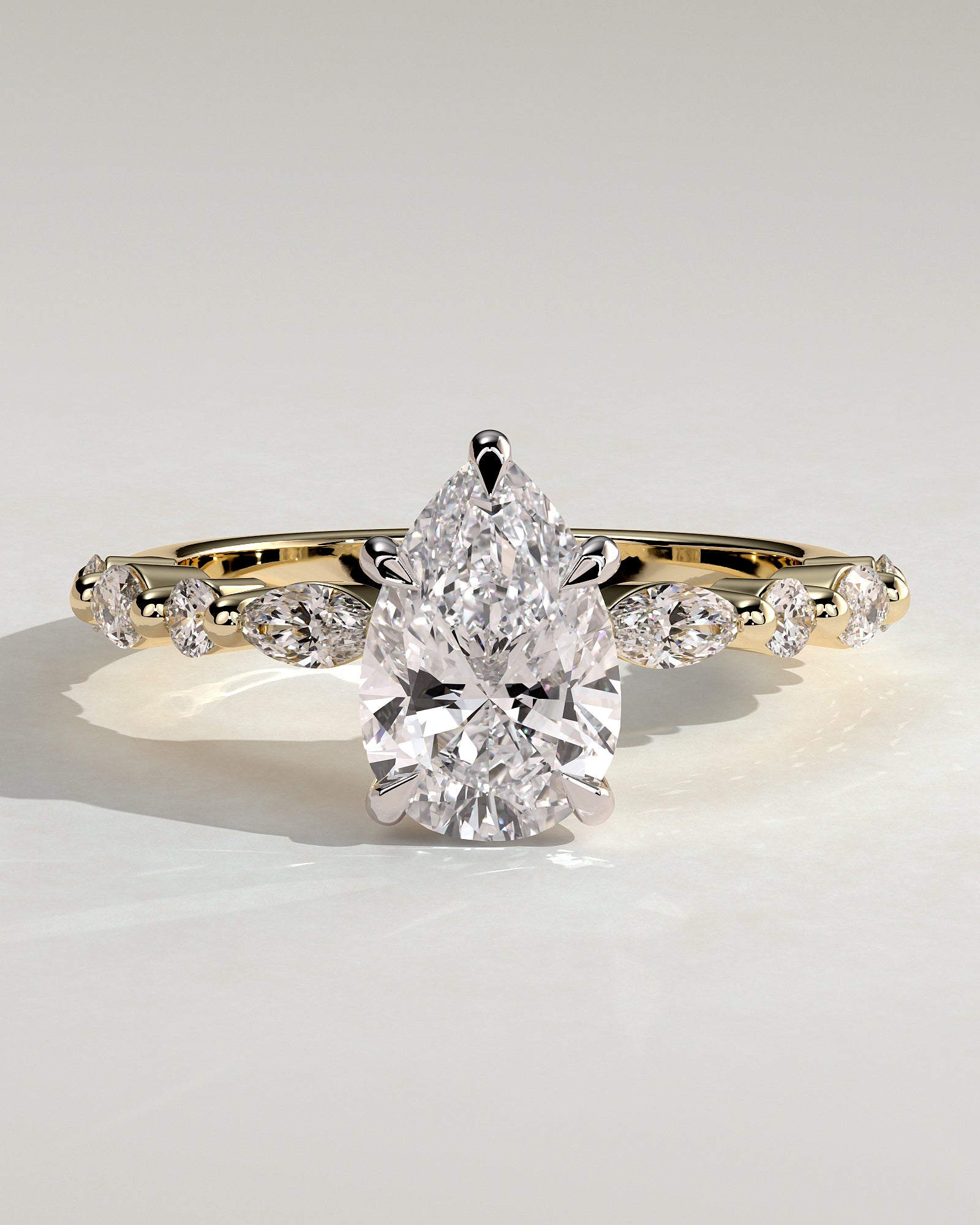 Jacinta - Pear Claw Solitaire with Marquise and Round Accent Stones Engagement Ring - Yellow Two-Tone - Yellow Two-Tone 2ct