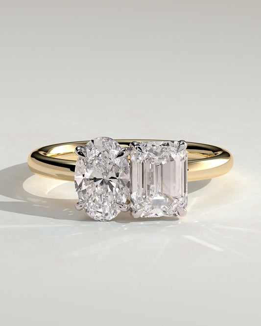 Tanya - Oval and Emerald Claw Toi et Moi Engagement Ring - Yellow Two-Tone