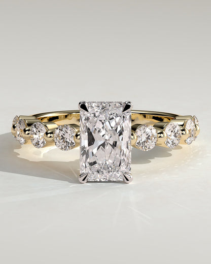 Josephine - Radiant Claw Solitaire with Round Accent Stones and Wrap Around Hidden Halo Engagement Ring - Yellow Two-Tone