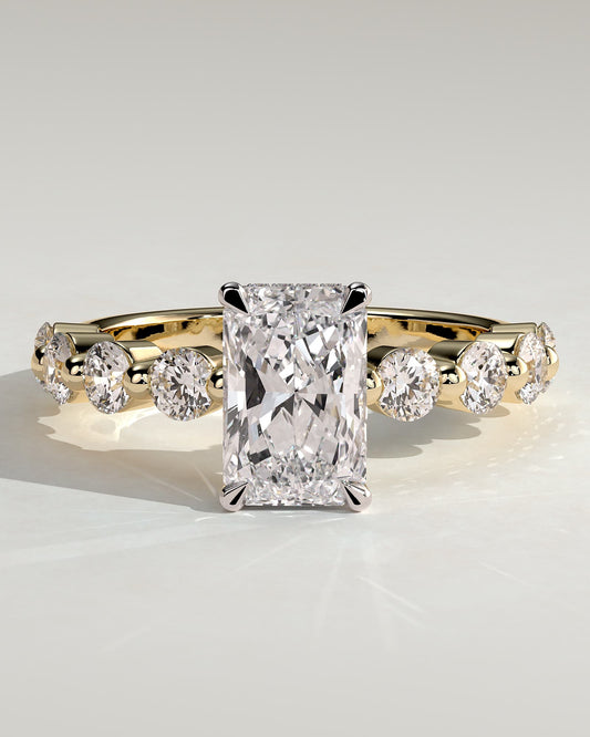 Josephine - Radiant Claw Solitaire with Round Accent Stones and Wrap Around Hidden Halo Engagement Ring - Yellow Two-Tone