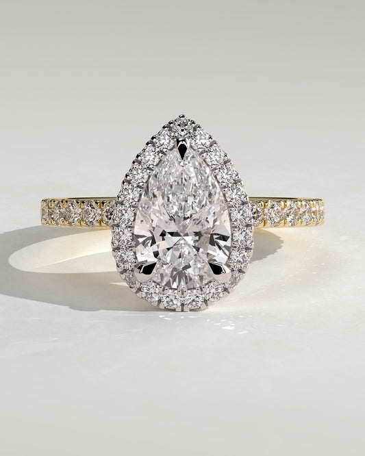 Lauren - Pear Claw Solitaire with Halo and Pave Band Engagement Ring - Yellow Two-Tone