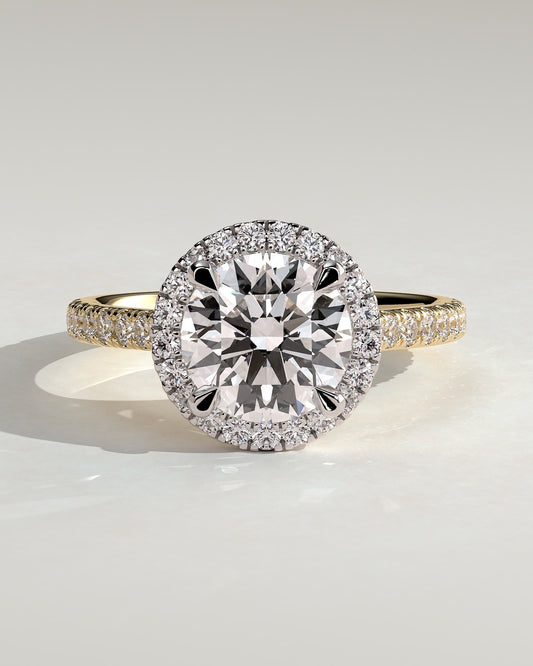 Leah - Round Claw Solitaire with Halo and Pave Band and Cathedral High Setting Engagement Ring - Yellow Two-Tone