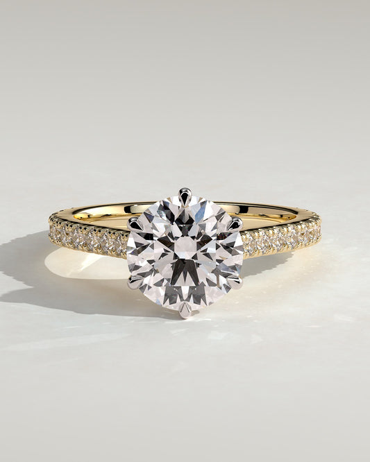 Maisy - Round Claw Solitaire with Pave Band and Cathedral High Setting Engagement Ring - Yellow Two-Tone