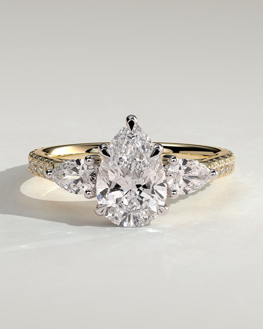 Mia - Pear Claw Trilogy with Pear Side Stones, Pave Band and Cathedral High Setting Engagement Ring - Yellow Two-Tone