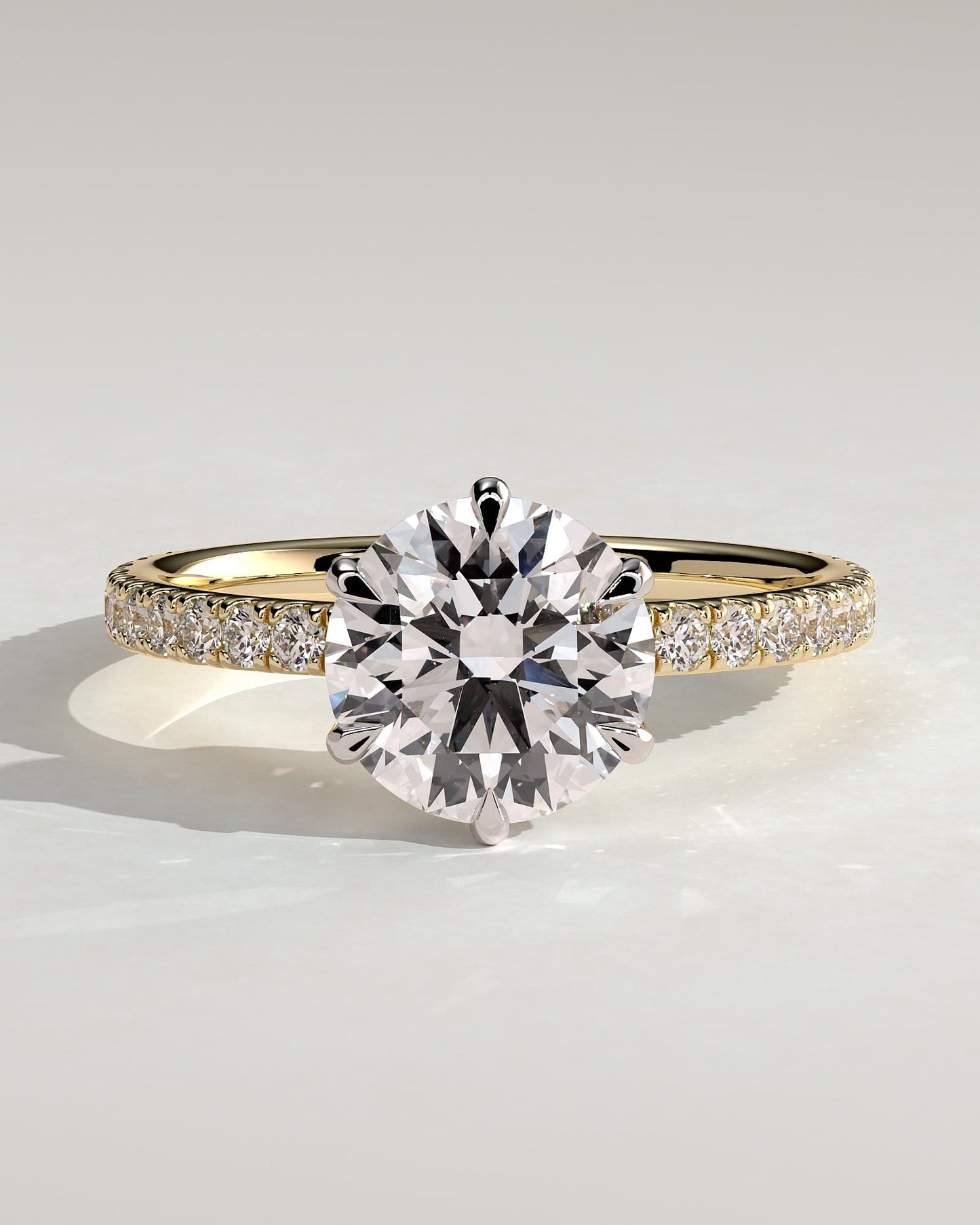 Naomi - Round Claw Solitaire with Crown Gallery and Pave Band Engagement Ring - Yellow Two-Tone