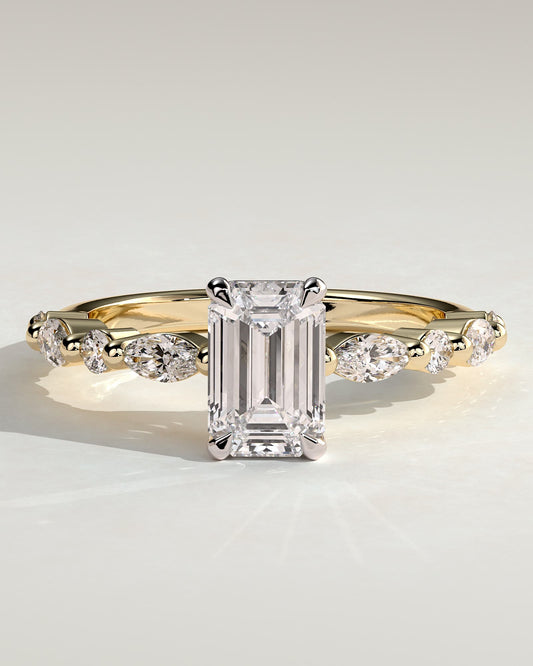Parker - Emerald Claw Solitaire with Marquise and Round Accent Stones Engagement Ring - Yellow Two-Tone