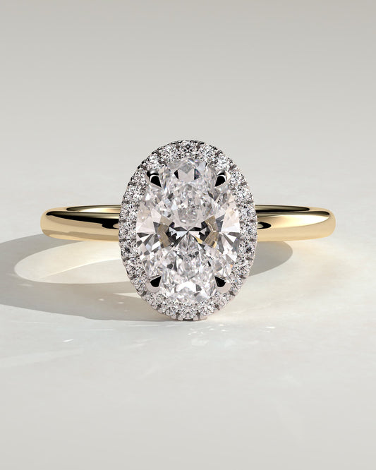 Phoebe - Oval Claw Solitaire with Halo Engagement Ring - Yellow Two-Tone